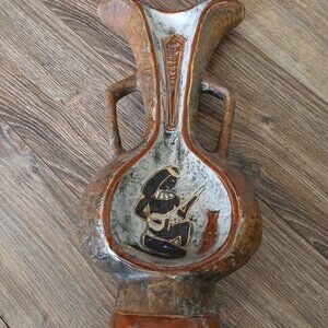 Vintage 12" Italian Glazed Egyptian Revival Vase Double Handle And Openings